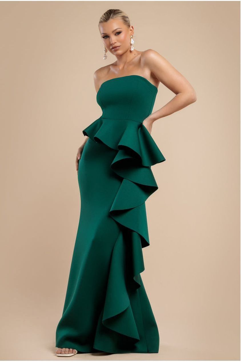 goddiva Boobtube Peplum Waterfall Frill Maxi Dress - Emerald Green by Goddiva