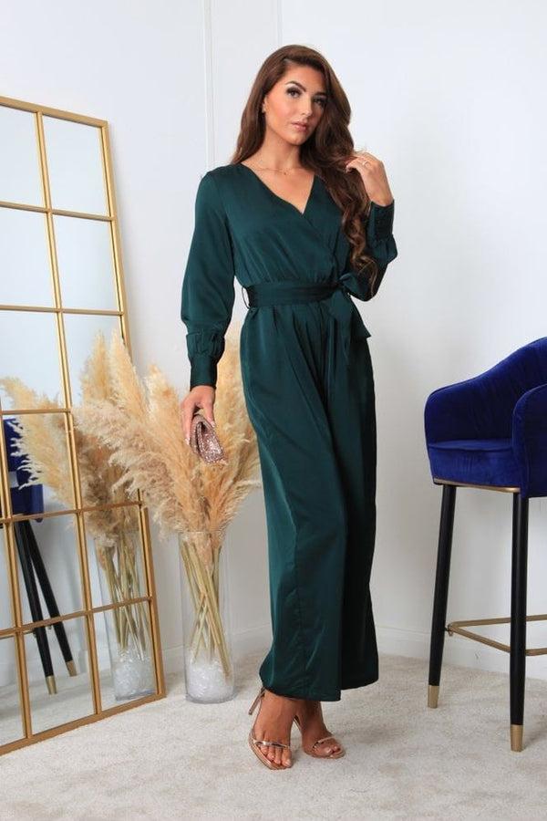 Goddiva Bottle Green Lux Satin Wrap Jumpsuit By Double Second