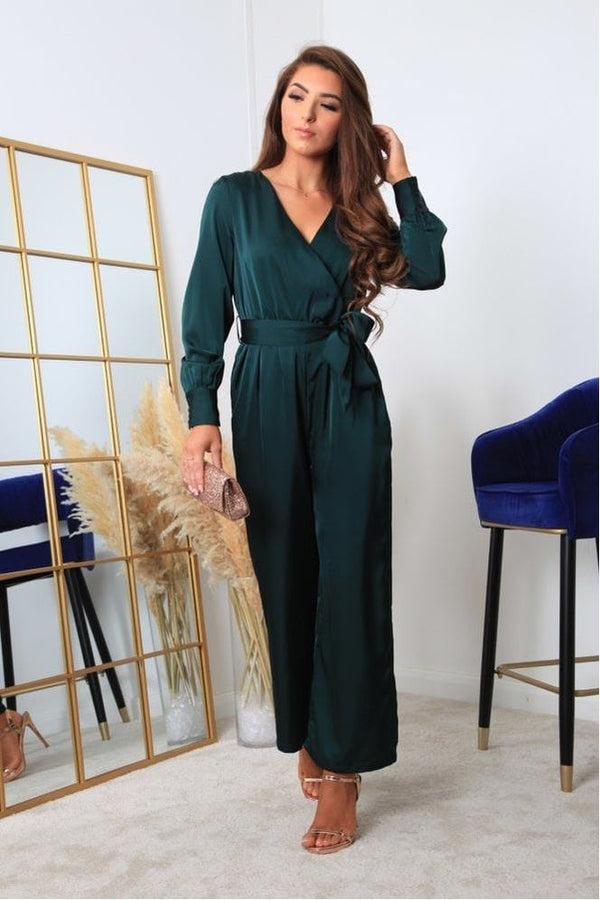Goddiva Bottle Green Lux Satin Wrap Jumpsuit By Double Second