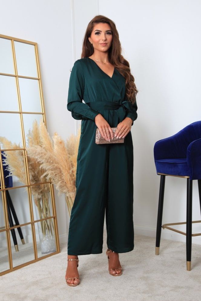 goddiva Bottle Green Lux Satin Wrap Jumpsuit by Double Second