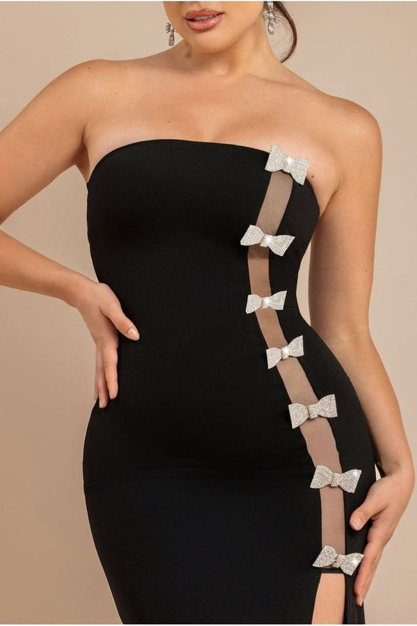 Goddiva Bow Embellished Strapless Mermaid Maxi Dress - Black By Goddiva