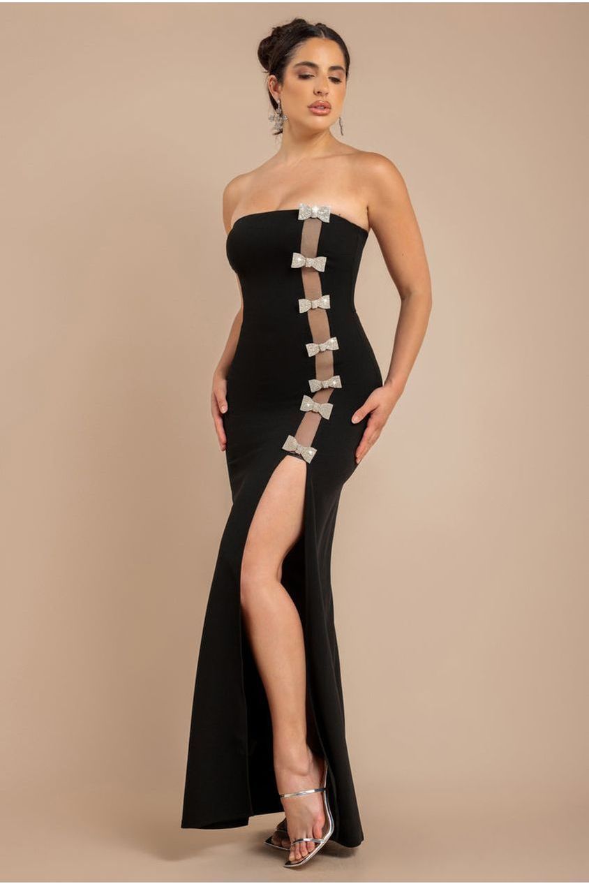 goddiva Bow Embellished Strapless Mermaid Maxi Dress - Black by Goddiva