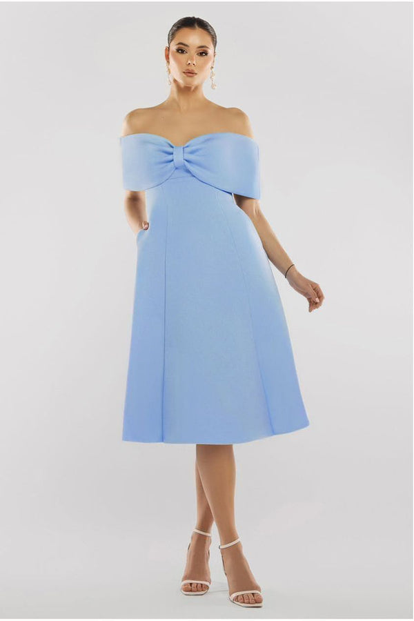 Goddiva Bow Off The Shoulder A Line Midi Dress - Baby Blue By Goddiva