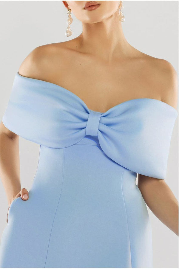 Goddiva Bow Off The Shoulder A Line Midi Dress - Baby Blue By Goddiva