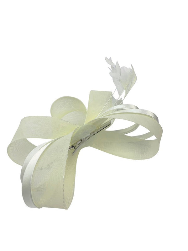 Goddiva Bow Shaped Fascinator With Satin Loops & Feathers In Cream By SVNX
