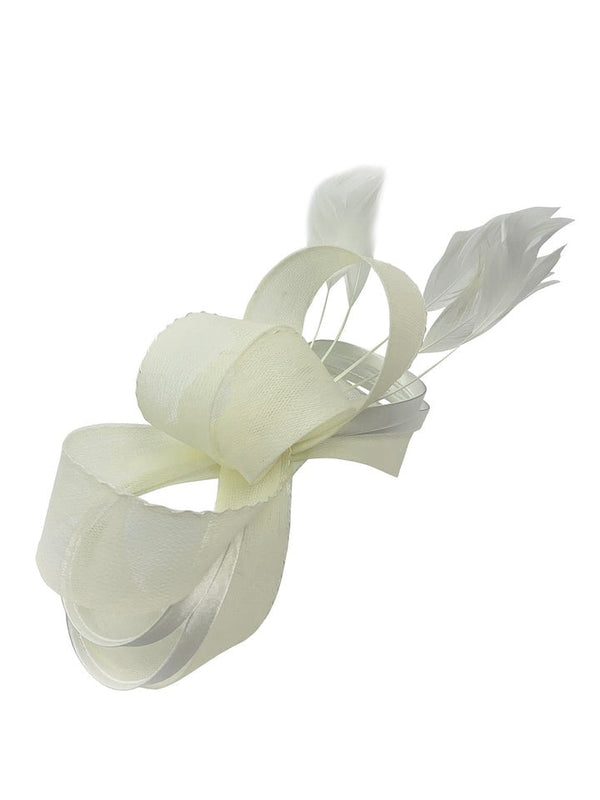 Goddiva Bow Shaped Fascinator With Satin Loops & Feathers In Cream By SVNX