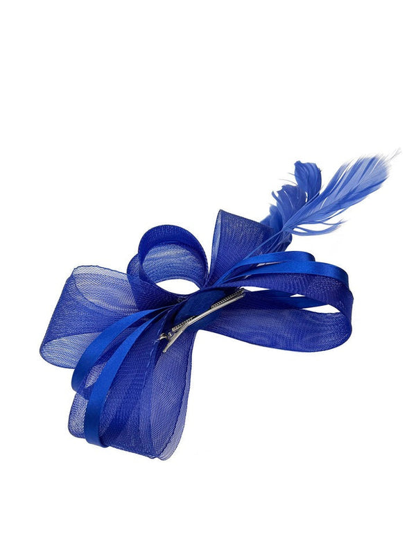 Goddiva Bow Shaped Fascinator With Satin Loops & Feathers In Royal Blue By SVNX