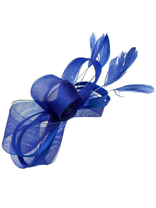 Goddiva Bow Shaped Fascinator With Satin Loops & Feathers In Royal Blue By SVNX