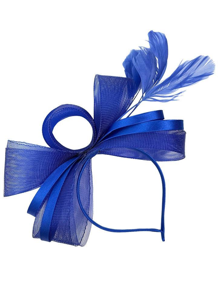 goddiva Bow Shaped Fascinator With Satin Loops & Feathers In Royal Blue by SVNX