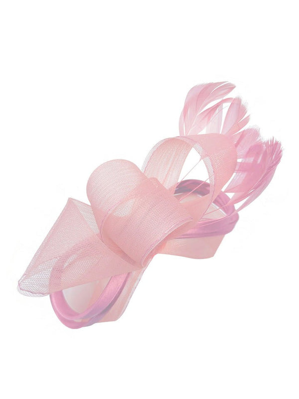 Goddiva Bow Shaped Fascinator With Satin Loops & Feathers In Pink By SVNX