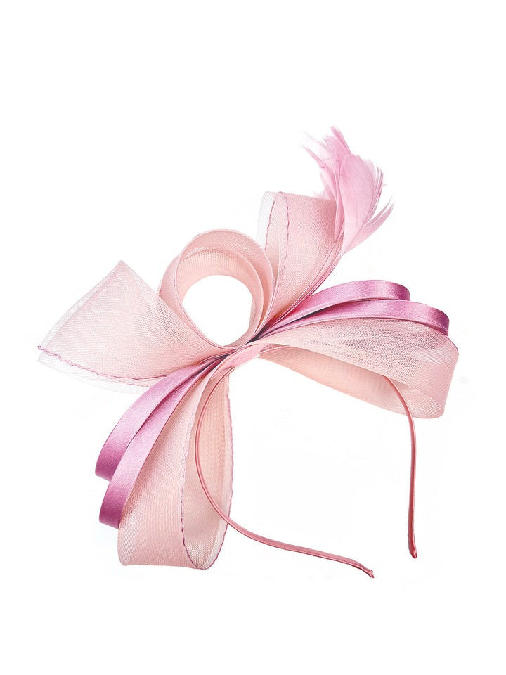 goddiva Bow Shaped Fascinator With Satin Loops & Feathers In Pink by SVNX