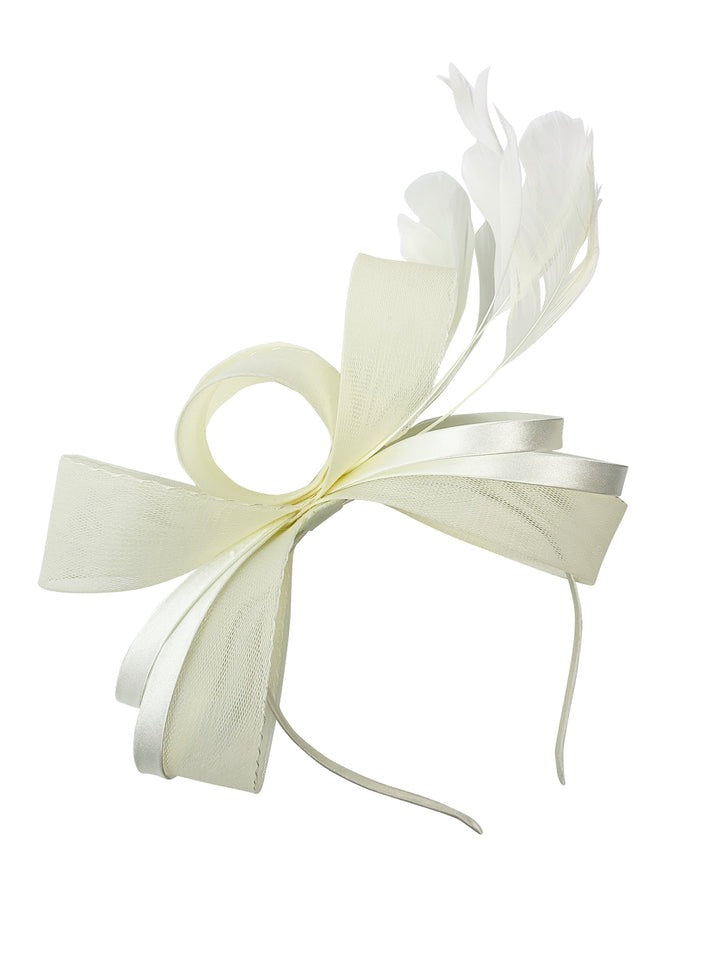 goddiva Bow Shaped Fascinator With Satin Loops & Feathers In Cream by SVNX