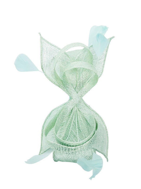Goddiva Bow Shaped Fascinator With Sinamay Curls & Feathers In Mint Blue By SVNX