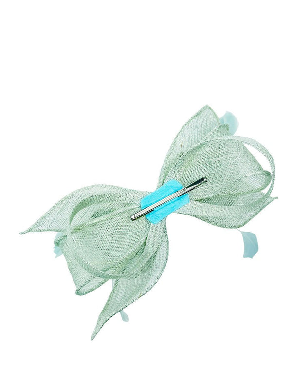 Goddiva Bow Shaped Fascinator With Sinamay Curls & Feathers In Mint Blue By SVNX