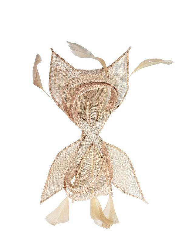 Goddiva Bow Shaped Fascinator With Sinamay Curls & Feathers In Nude By SVNX