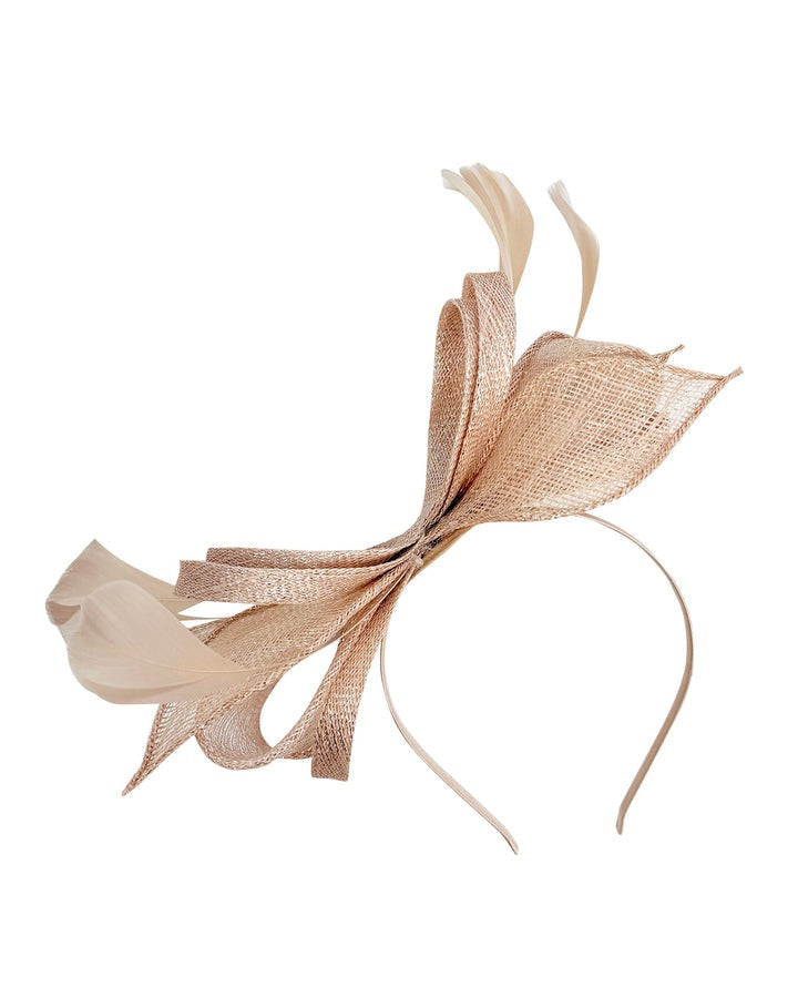 goddiva Bow Shaped Fascinator With Sinamay Curls & Feathers In Nude by SVNX
