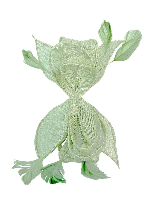 Goddiva Bow Shaped Fascinator With Sinamay Curls & Feathers In Pastel Green By SVNX