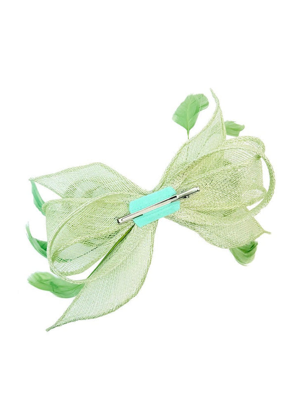 Goddiva Bow Shaped Fascinator With Sinamay Curls & Feathers In Pastel Green By SVNX