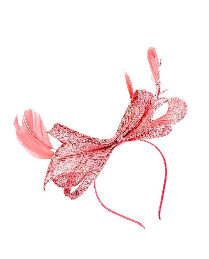 goddiva Bow Shaped Fascinator With Sinamay Curls & Feathers In Pink by SVNX