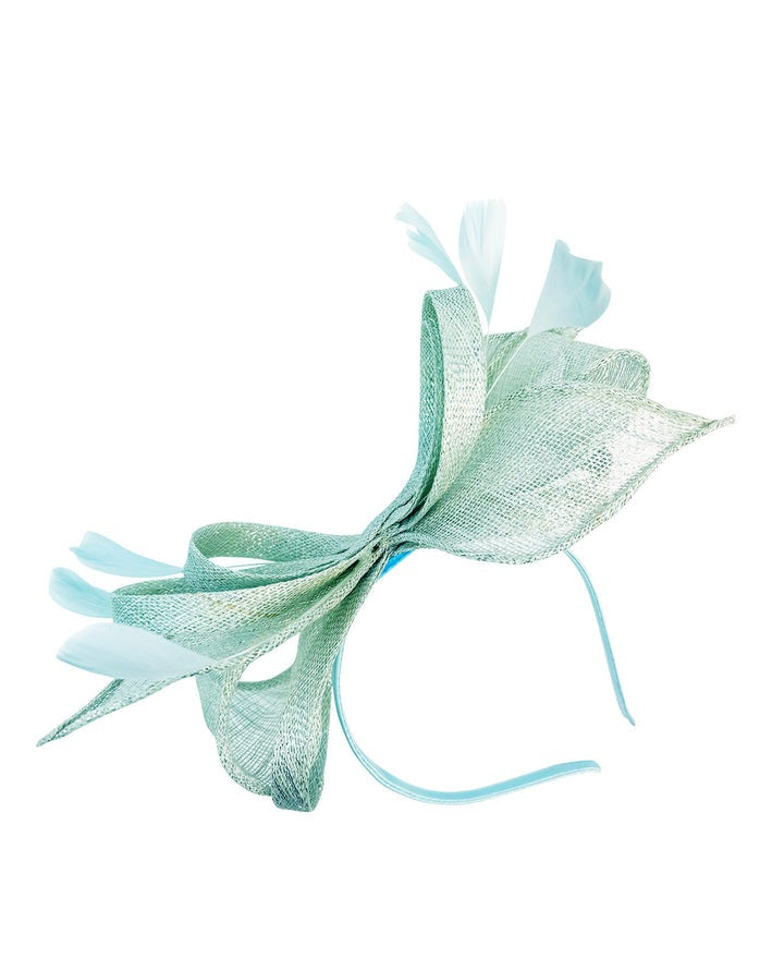 goddiva Bow Shaped Fascinator With Sinamay Curls & Feathers In Mint Blue by SVNX
