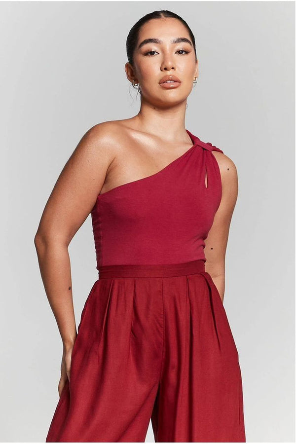Goddiva Burgundy One Shoulder Knot Bodysuit By InFlair