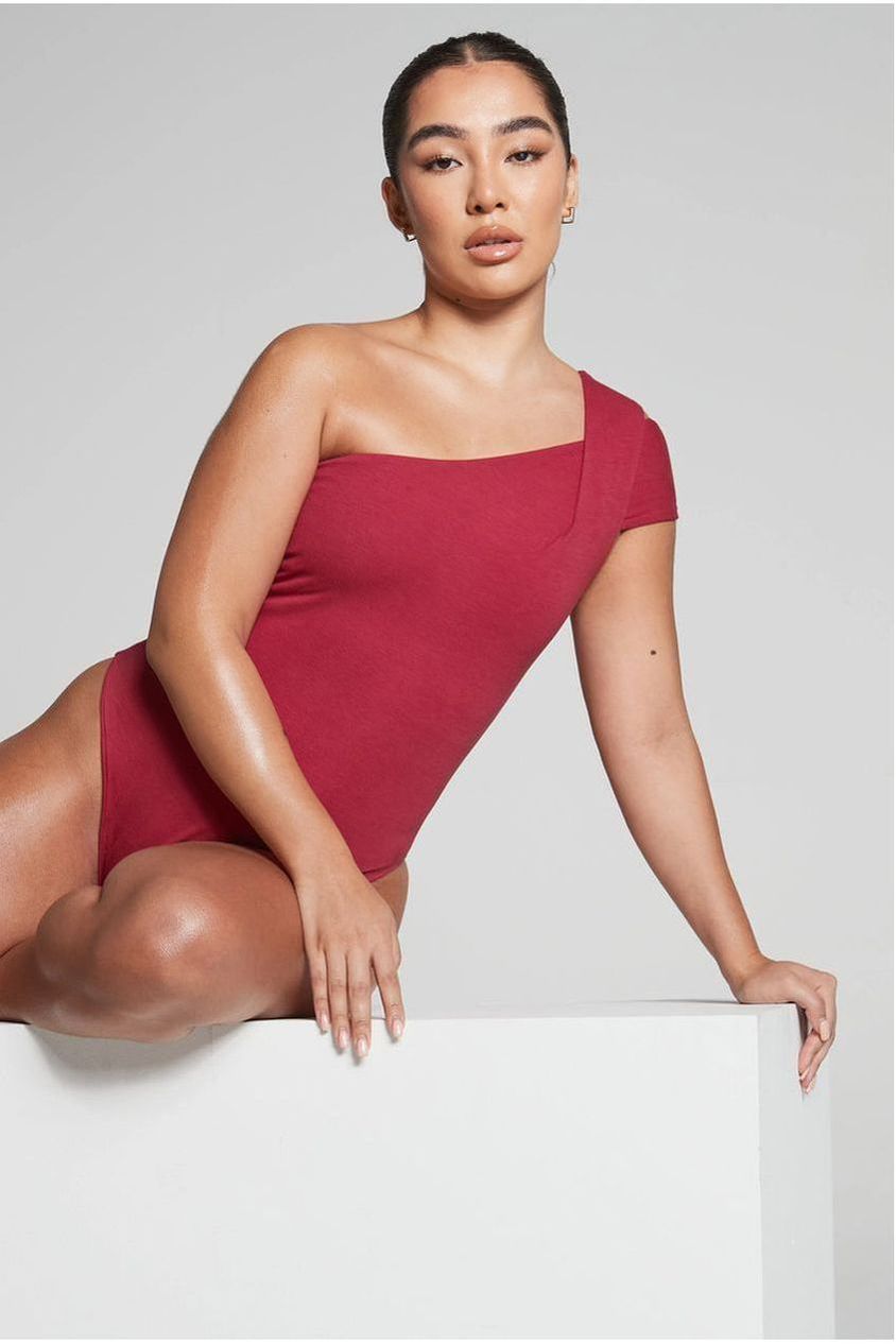 goddiva Burgundy One Shoulder Knot Bodysuit by InFlair