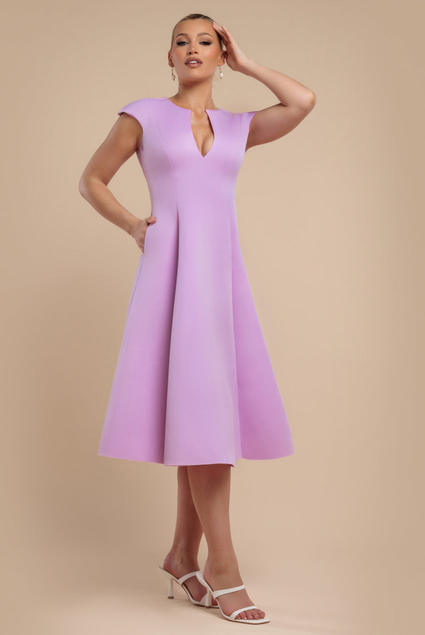 goddiva Cap Sleeve Plunging V-Neckline A-line Midi Dress - Lilac by Goddiva