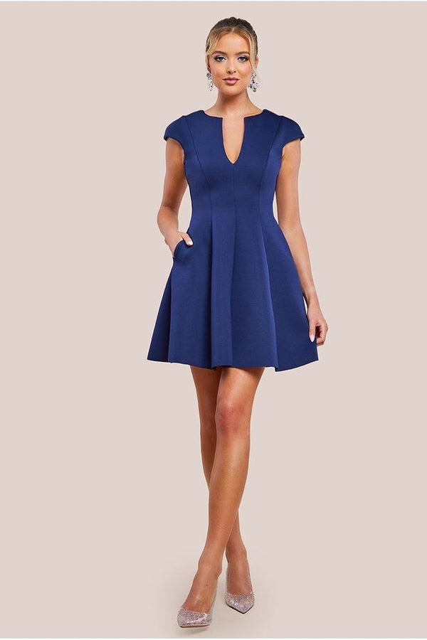 Goddiva Cap Sleeve Plunging V-Neckline Skater Mini Dress - Navy Blue By Goddiva