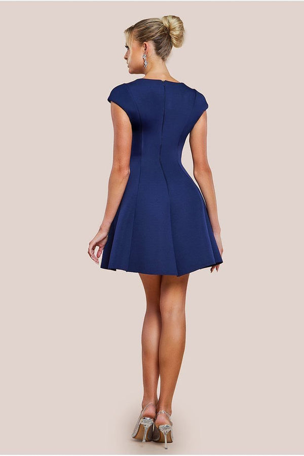 Goddiva Cap Sleeve Plunging V-Neckline Skater Mini Dress - Navy Blue By Goddiva