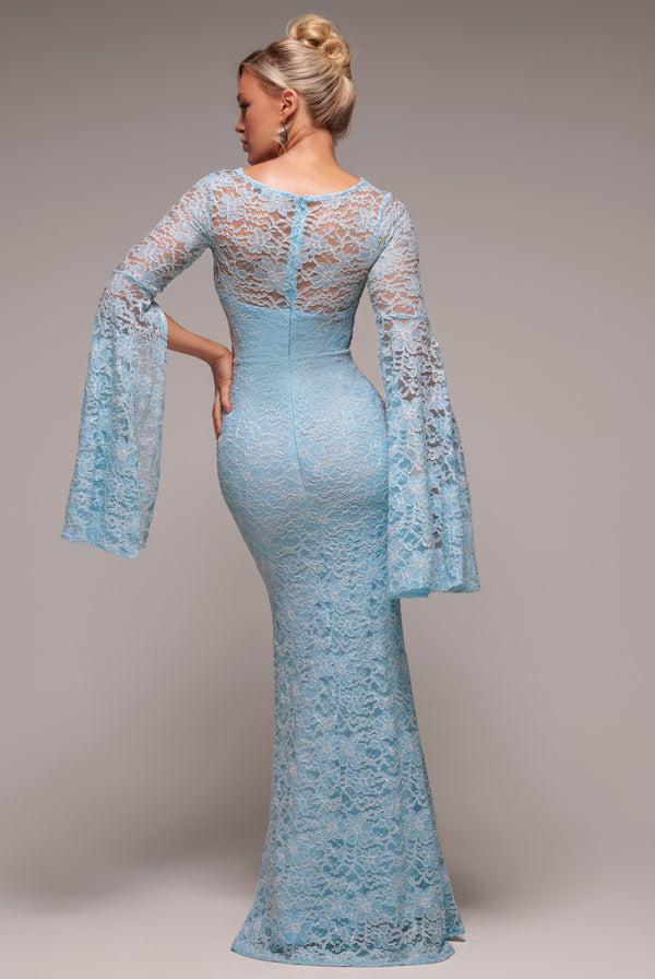 Goddiva Cape Sleeve Lace Mermaid Hem Maxi Dress - Sky Blue By Goddiva