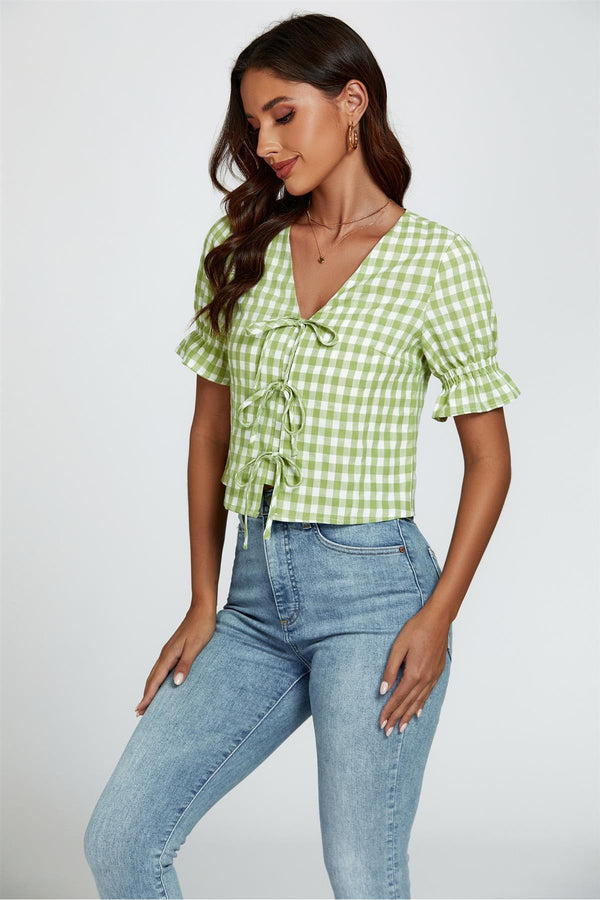 Goddiva Check Print Tie Front Top In Green By FS Collection