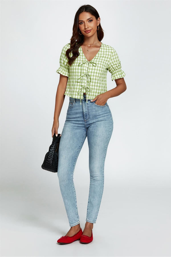 Goddiva Check Print Tie Front Top In Green By FS Collection