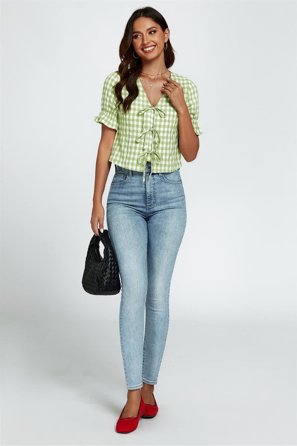 Goddiva Check Print Tie Front Top In Green By FS Collection