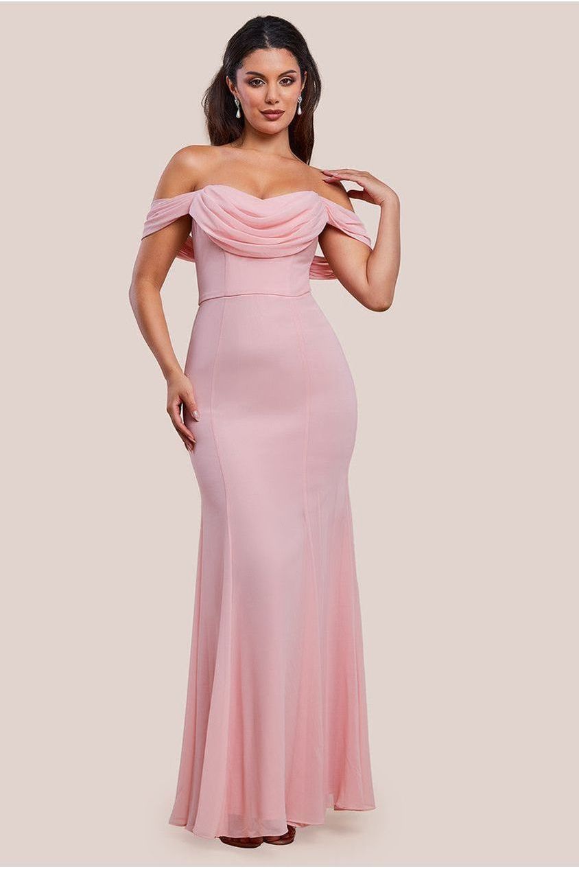 goddiva Chiffon Bardot Cowl Neck Maxi Dress - Blush by Goddiva