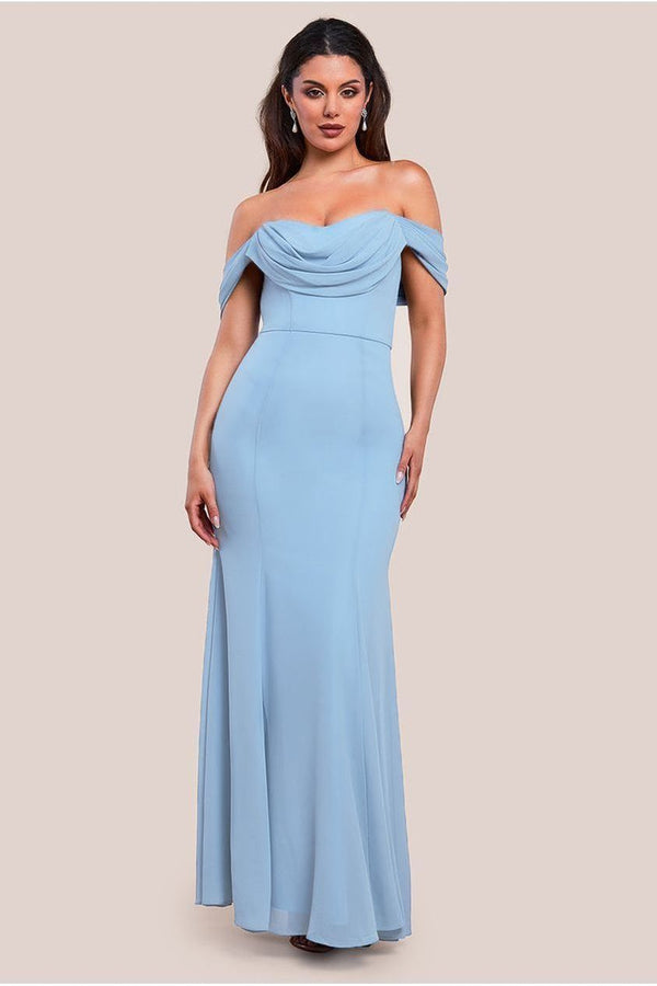 Goddiva Chiffon Bardot Cowl Neck Maxi Dress - Duskyblue By Goddiva