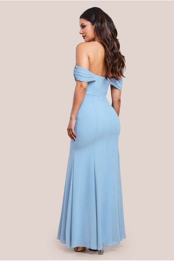 Goddiva Chiffon Bardot Cowl Neck Maxi Dress - Duskyblue By Goddiva
