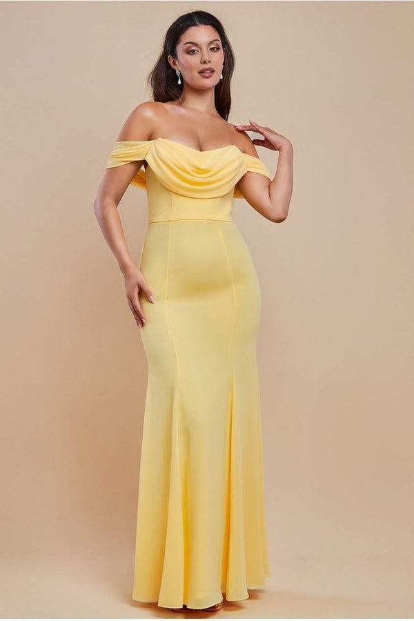 Goddiva Chiffon Bardot Cowl Neck Maxi Dress - Lemon By Goddiva