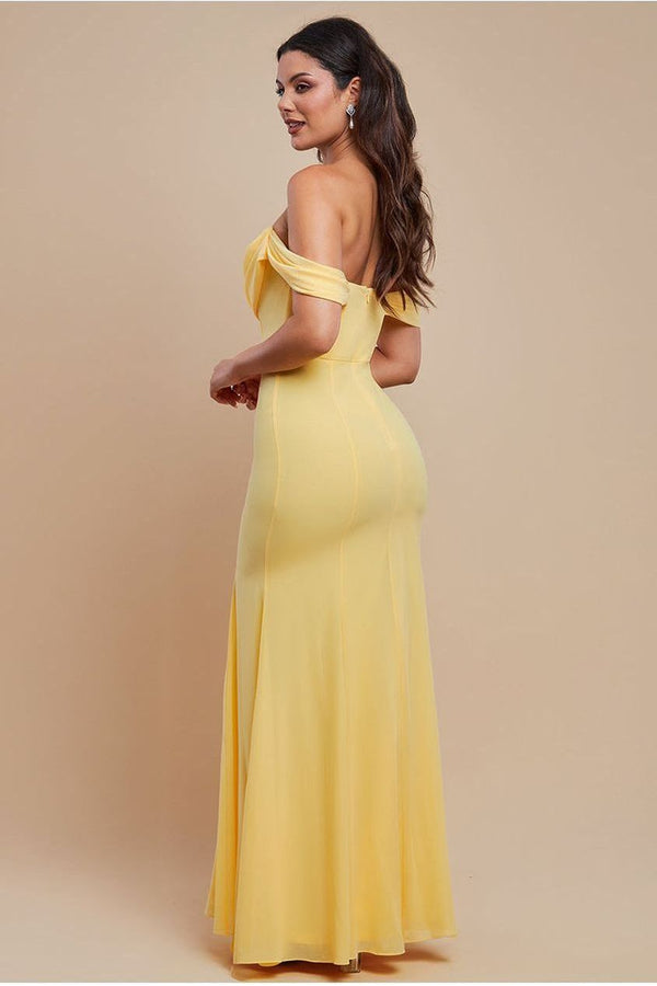Goddiva Chiffon Bardot Cowl Neck Maxi Dress - Lemon By Goddiva