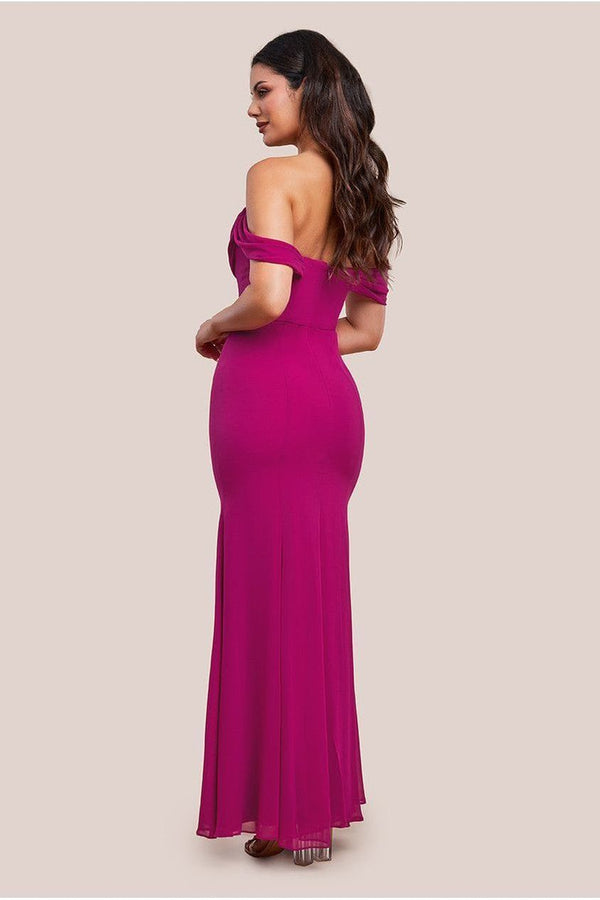 Goddiva Chiffon Bardot Cowl Neck Maxi Dress - Magenta By Goddiva