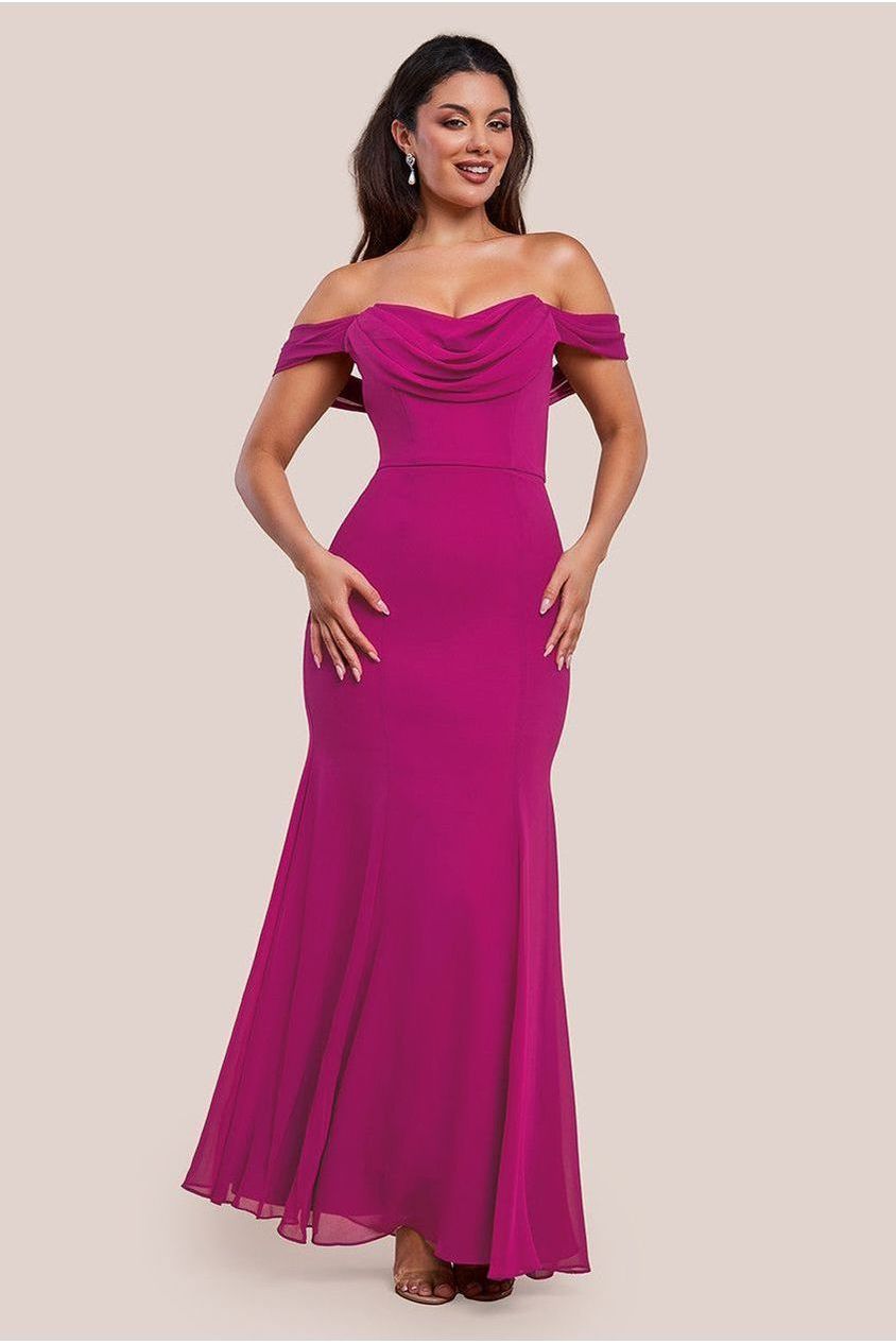 goddiva Chiffon Bardot Cowl Neck Maxi Dress - Magenta by Goddiva