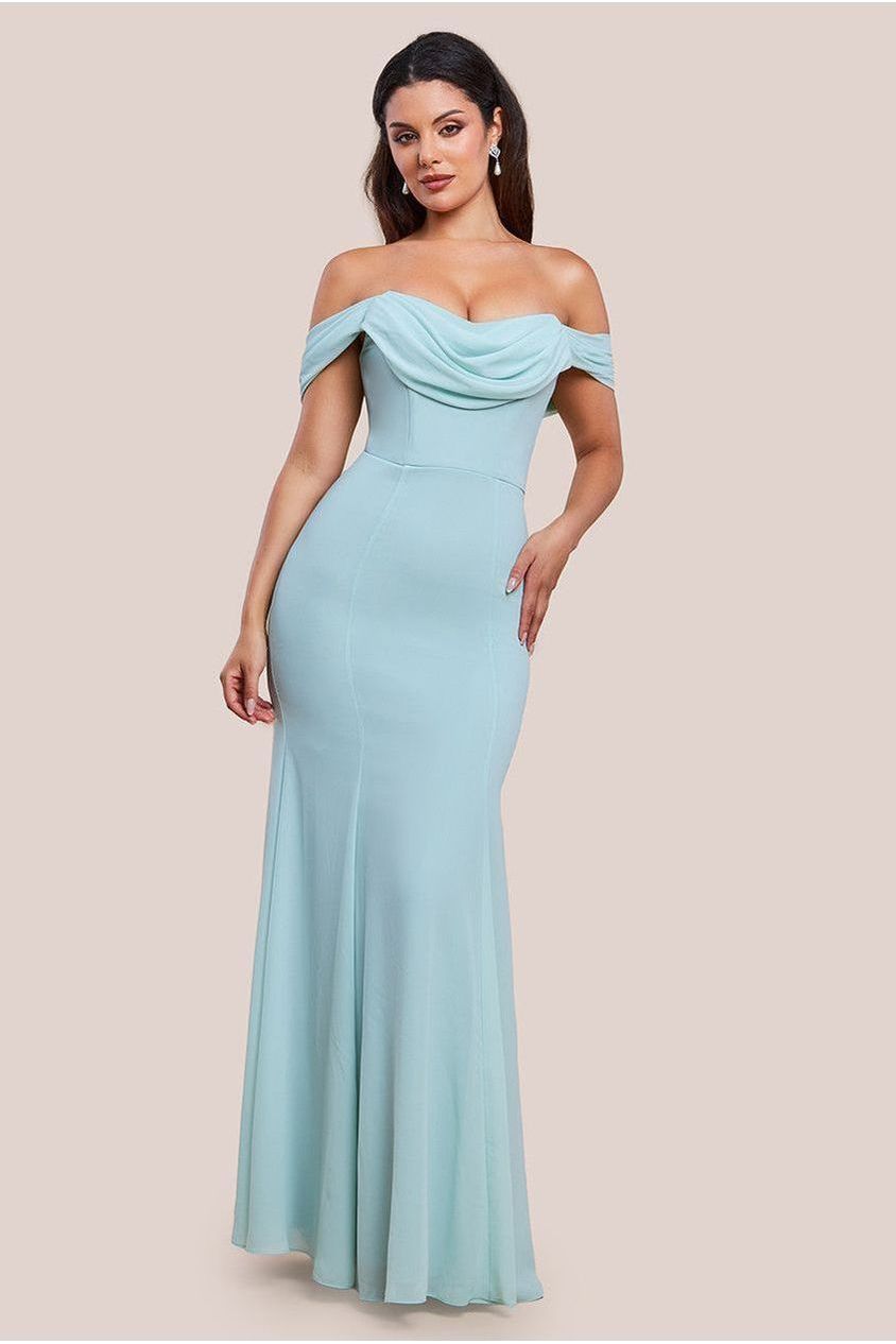 goddiva Chiffon Bardot Cowl Neck Maxi Dress - Sage Green by Goddiva