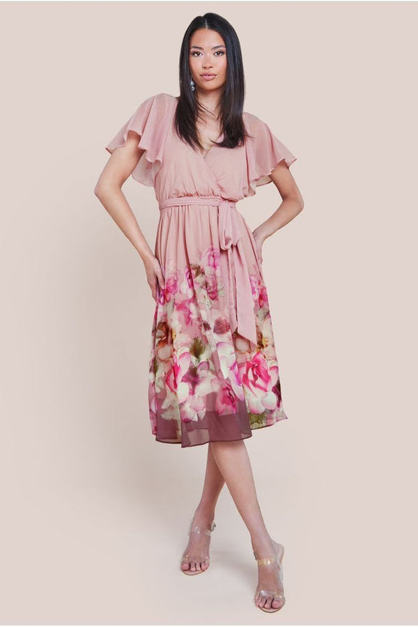 Goddiva Chiffon Floral Border Print Midi Dress - Blush By Goddiva