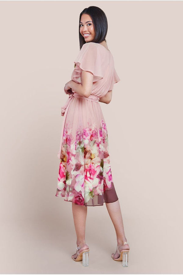 Goddiva Chiffon Floral Border Print Midi Dress - Blush By Goddiva