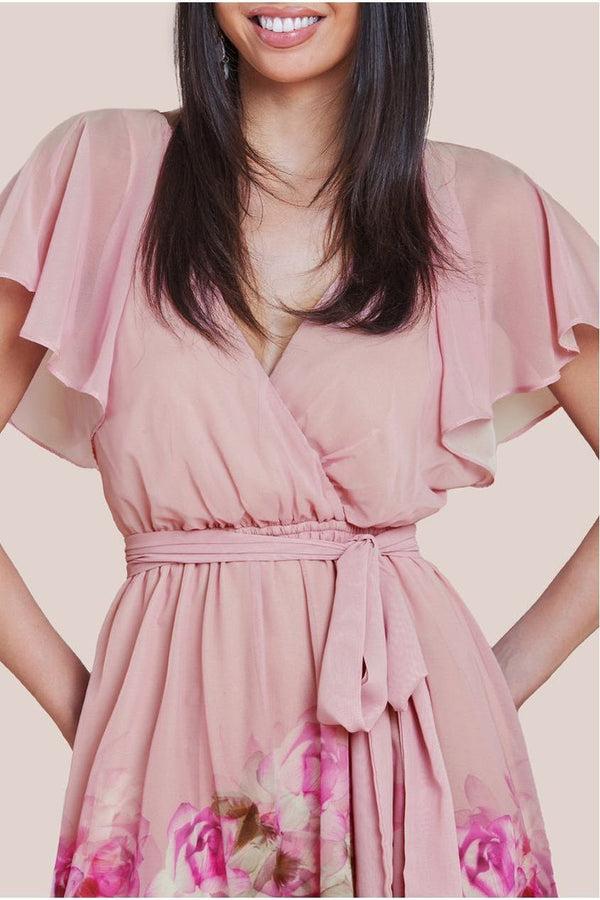 Goddiva Chiffon Floral Border Print Midi Dress - Blush By Goddiva