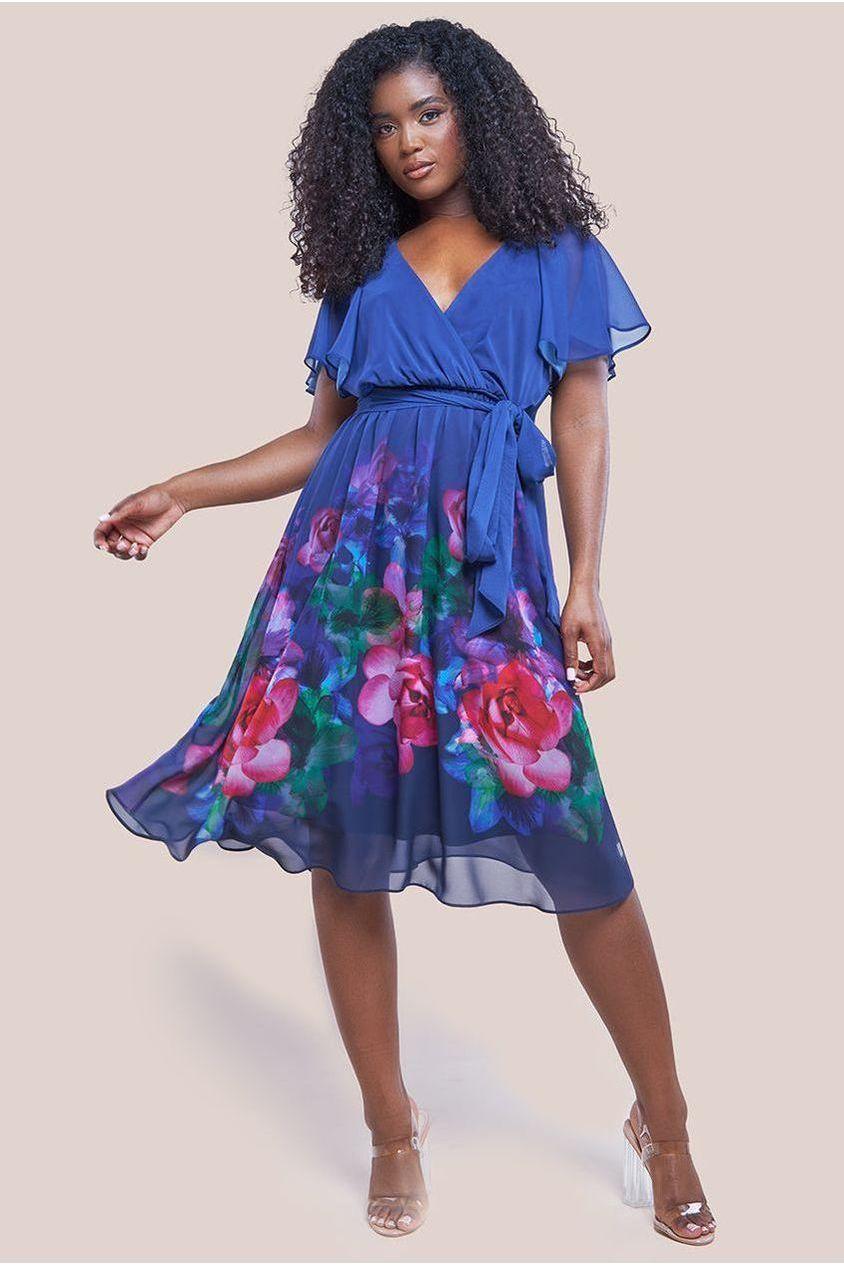 goddiva Chiffon Floral Border Print Midi Dress - Navy by Goddiva