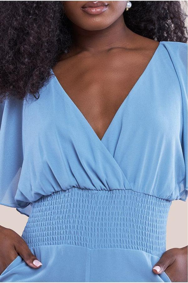 Goddiva Chiffon Jumpsuit With Flutter Sleeves - Blue By Goddiva