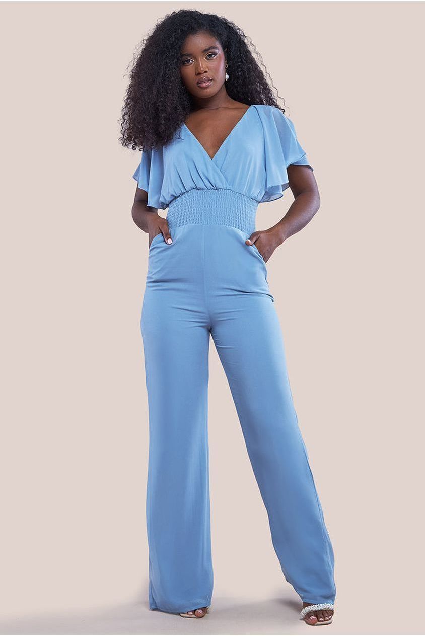 goddiva Chiffon Jumpsuit With Flutter Sleeves - Blue by Goddiva