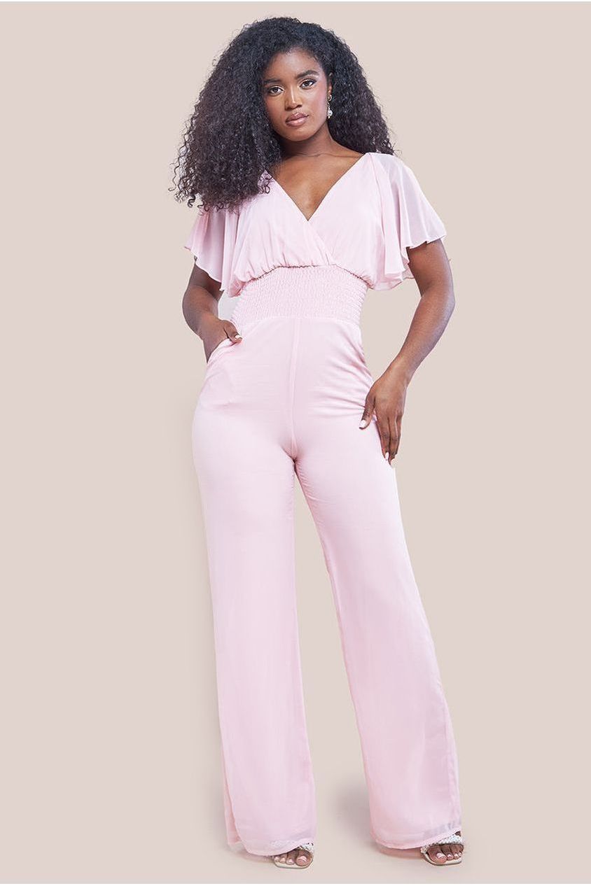 goddiva Chiffon Jumpsuit With Flutter Sleeves - Blush by Goddiva