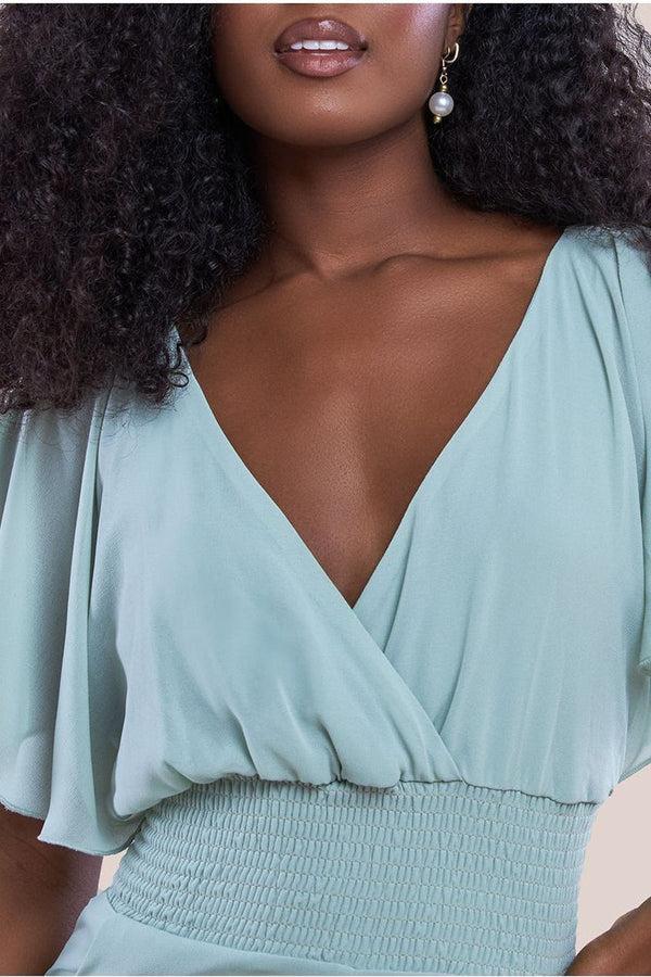 Goddiva Chiffon Jumpsuit With Flutter Sleeves - Sage Green By Goddiva