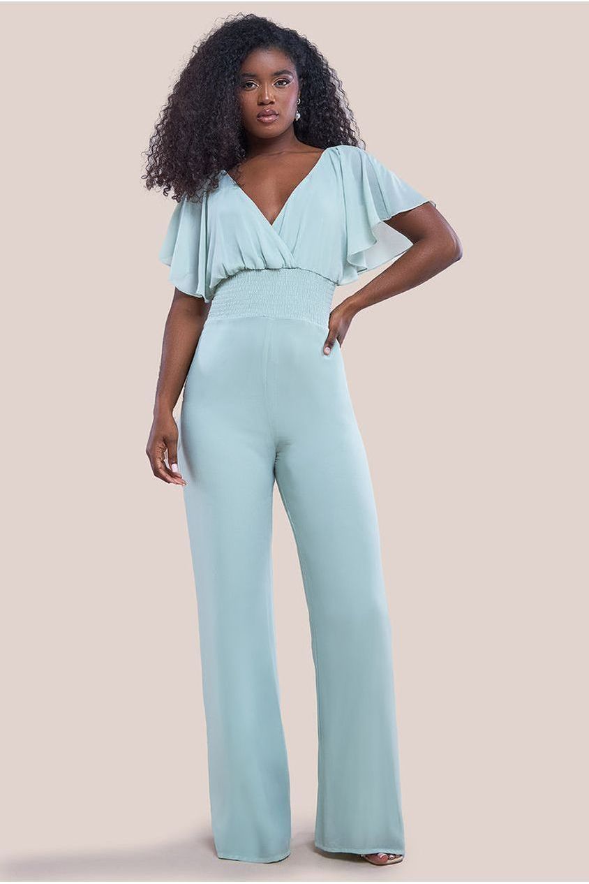 goddiva Chiffon Jumpsuit With Flutter Sleeves - Sage Green by Goddiva